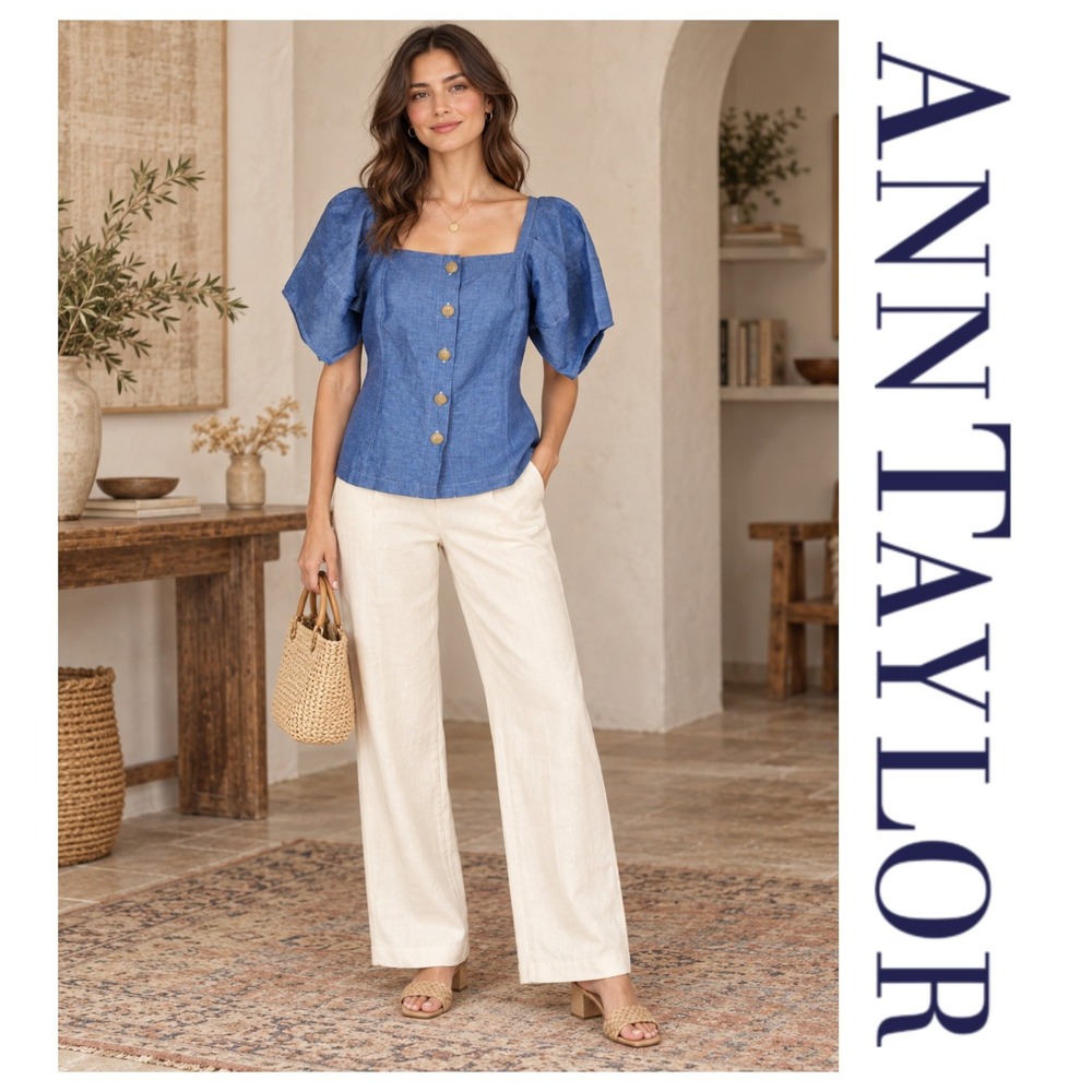 Ann Taylor Blue Chambray Linen Blend Puff Sleeve Button Front Blouse Size M NWT